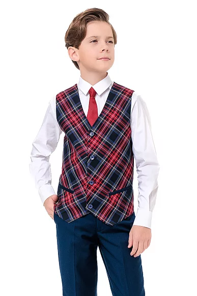 Жилет для мальчика ПРЕЗИДЕНТ цвет синий 015 красная клетка 