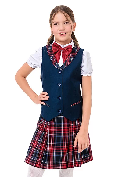 Жилет для девочки РОЗА цвет синий 015 красная клетка
